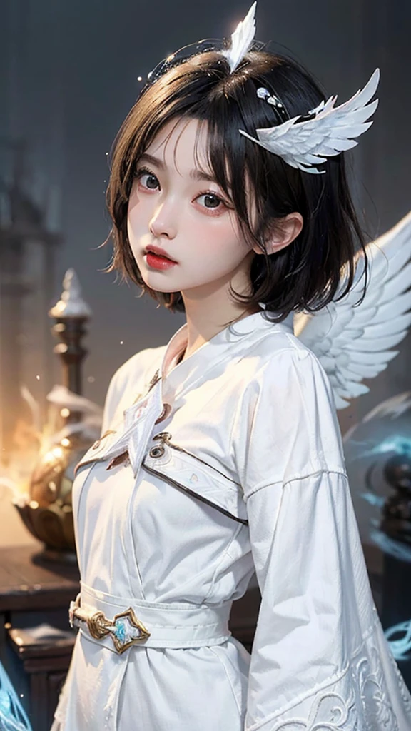 (Highest quality, masterpiece:1.3), shape, ((Beautifully detailed face)), Beautiful and detailed skin, Intricate details, Very detailed, Best image quality in 8K,Fantasy,A world of swords and magic,ファイナルFantasy,(White Mage:1.6),Mysterious,The Power of Mystique,Magical Power, (18-year-old female:) (Small breasts:1.2),Japanese girl,Baby Face,(Detailed Hair,Bobcut:1.6,Black Hair),Detailed lips,Open your mouth,blush,Embarrassing,(whole body:1.8), (Castle),Realistic Face,Realistic Skin,(Vibrant Skin),Vivid lips,Lip gloss