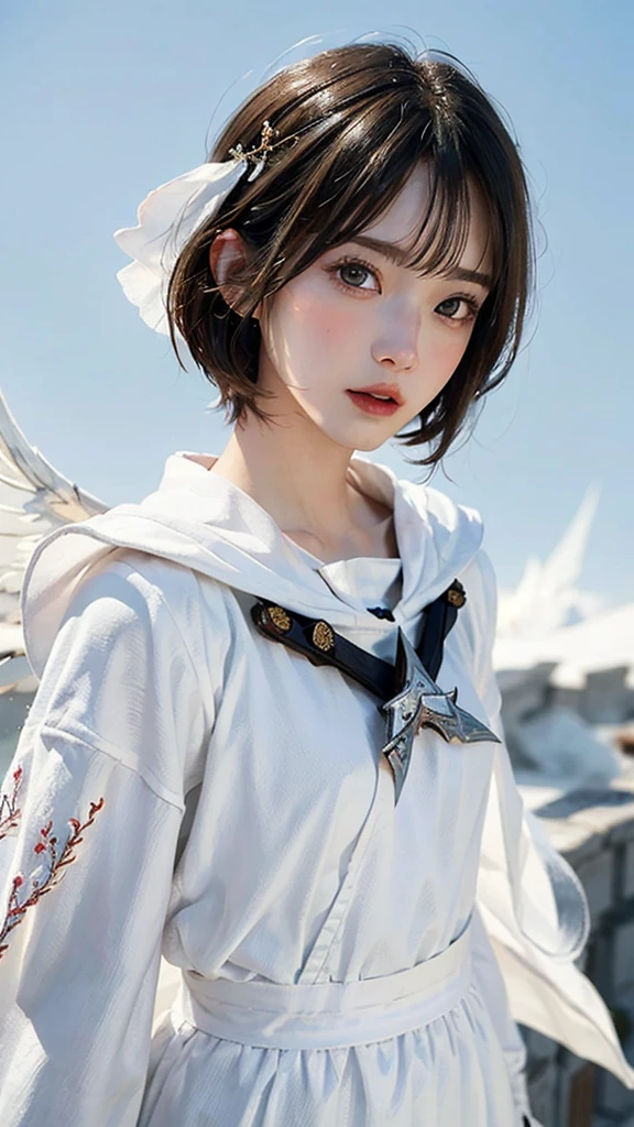 (Highest quality, masterpiece:1.3), shape, ((Beautifully detailed face)), Beautiful and detailed skin, Intricate details, Very detailed, Best image quality in 8K,Fantasy,A world of swords and magic,ファイナルFantasy,(White Mage:1.6),Mysterious,The Power of Mystique,Magical Power, (18-year-old female:) (Small breasts:1.2),Japanese girl,Baby Face,(Detailed Hair,Bobcut:1.6,Black Hair),Detailed lips,Open your mouth,blush,Embarrassing,(whole body:1.8), (Castle),Realistic Face,Realistic Skin,(Vibrant Skin),Vivid lips,Lip gloss
