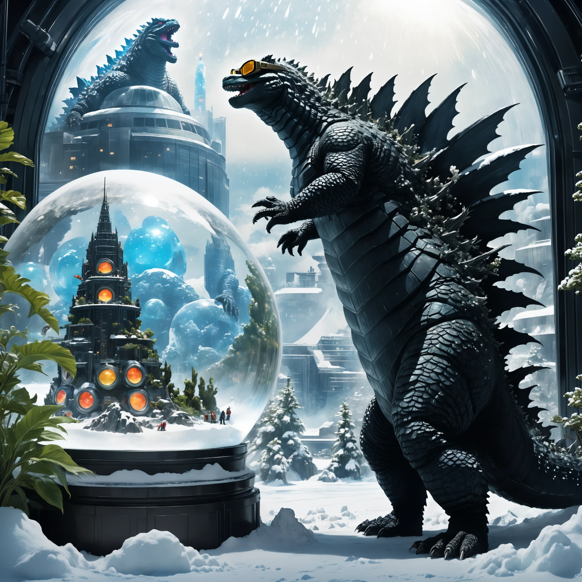 A partiality side view of an elegant scientist Godzilla, with dark goggles and wearing fashion accesories, he is watching an experimental nuclear explosion inside a giant snow-globe like structure in the distance, surrounding plants slightly glowing with bioluminesce.