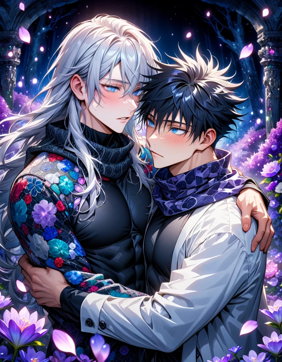 Ultra detailed, highres, absurdres, HDR, master piece, Gojou Satoru, white hair with bangs, long hair, hair between the eyes, blindfolded eyes, Fushiguro Megumi, black hair, expressive blue eyes, long hair, black scarf with patterns, white haori, Jujutsu Kaisen, fantasy, purple and violet petals, violet forest, purple flowers, handsome, two sexy man together, gay couple, yaoi, love, magical, shining fireflies, best quality, extremely detailed face, black tight shirt, toned chest