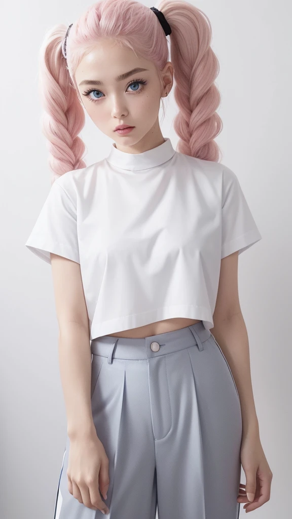 (In a pure white room with white wallpaper、A seductive pose、Posting on social media、Stylish monochrome shirt、Stylish monochrome trousers、Stylish monochrome sneakers、Japanese 36%and Ukraine 64%of mixed race children、Age 19、A beautiful and stylish woman、Her hair is pink ash gray and super long in twin tails, twisted and curly.、Eyebrows are thin, slightly thick and short、Those big blue eyes are so beautiful、His nose is high like an Englishman&#39;s、Plump lips) ［Fingers are not visible］(Always take photos alone)(I&#39;m very confident)(Height 178cm) (To portray with precision、Highest quality、Artistic composition、Super detailed、High resolution、Dynamic Lighting Effects、Golden Ratio、Silver ratio) Do your best to fulfill all these conditions.。