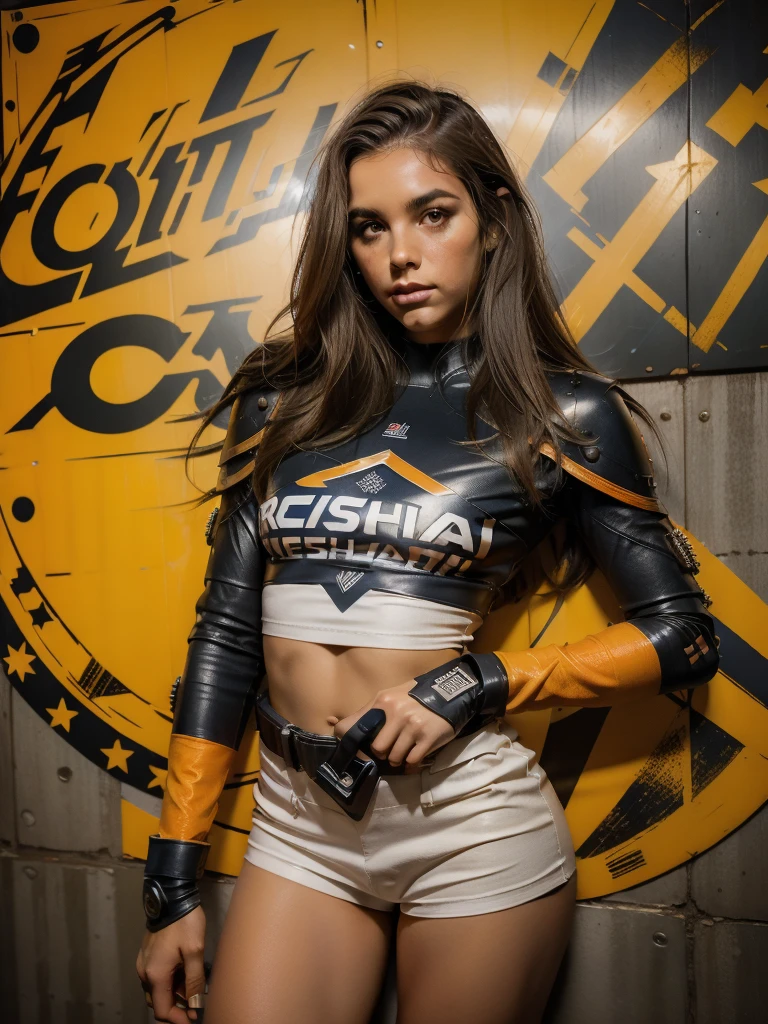 (((mulher))), (((melhor qualidade))), (((obra prima))), (((adulto))), (((1girl))), ((( corte de cabelo bob ))), Uma gladiadora cyberpunk mulher de 25 anos com corpo perfeito, shoulder pads with metal spines, Gladiadores do Brooklyn, (( corte de cabelo bob )), tiny leather panties, camiseta de time de rugby rasgada, quase nua no estilo selvagem urbano de Simon Bisley para a capa da revista Heavy Metal, Cabelo loiro curto, Minimum clothing, Metal protection on the left arm with intricate graphics, dark orange with white stars and checkerboard pattern white and navy blue and copper, armadura, cheio de pontas e rebites, (((do joelho pra cima))), cabelos loiro branco curto, no fundo uma parede pintada por Shepard Fairey com um design intrincado