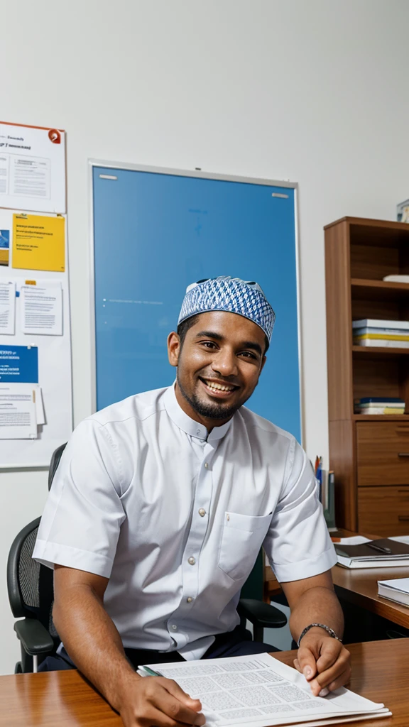 
A Muslim worker is sitting at his desk in a bright and clean office. In front of him, there was an open newspaper with a page showing a graph of a significant increase. The expression on his face was full of joy and hope. In the background, gently smiling colleagues and a friendly working environment add a positive and blessed work atmosphere, reflecting the opening moment of fortune in his career or business.very real, high resolution, 8k resolution, intricate details