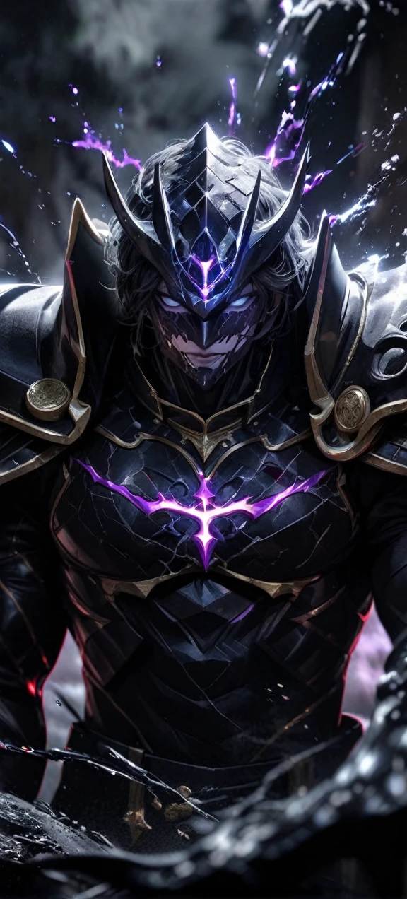  High quality, ultra realistic,absurdres, highres, ultra detailed, HDR, masterpiece, extremely detailed face and eyes,  Sagitarius Seiya, Saint Saiya , Dark Armor, solo, ,man, handsome, ,white eyeleshes, black eyes , villain expresion, black splashing effect, dark black lightning  effect,glowing glitters , symetrical , black aura