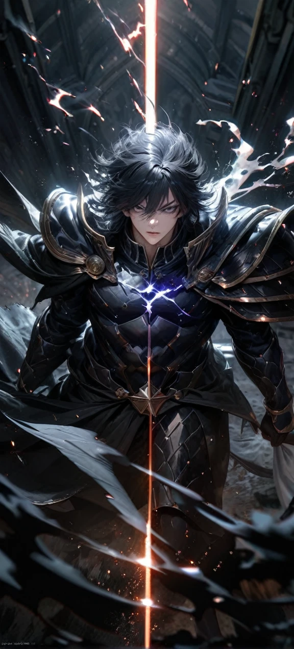  High quality, ultra realistic,absurdres, highres, ultra detailed, HDR, masterpiece, extremely detailed face and eyes,  Sagitarius Seiya, Saint Saiya , Dark Armor, solo, ,man, handsome, ,white eyeleshes, black eyes , villain expresion, black splashing effect, dark black lightning  effect,glowing glitters , symetrical , black aura