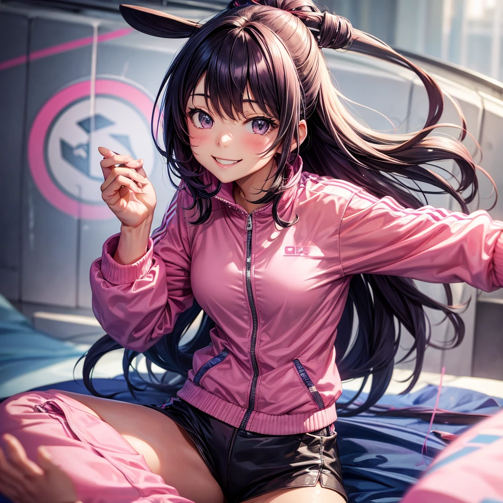 Hitoshi Goto,best quality,8K,pink track jacket,beautiful girl,smile,put one's hand in one's pocket,highest quality,masterpiece,hyper real stick,big breasts,
