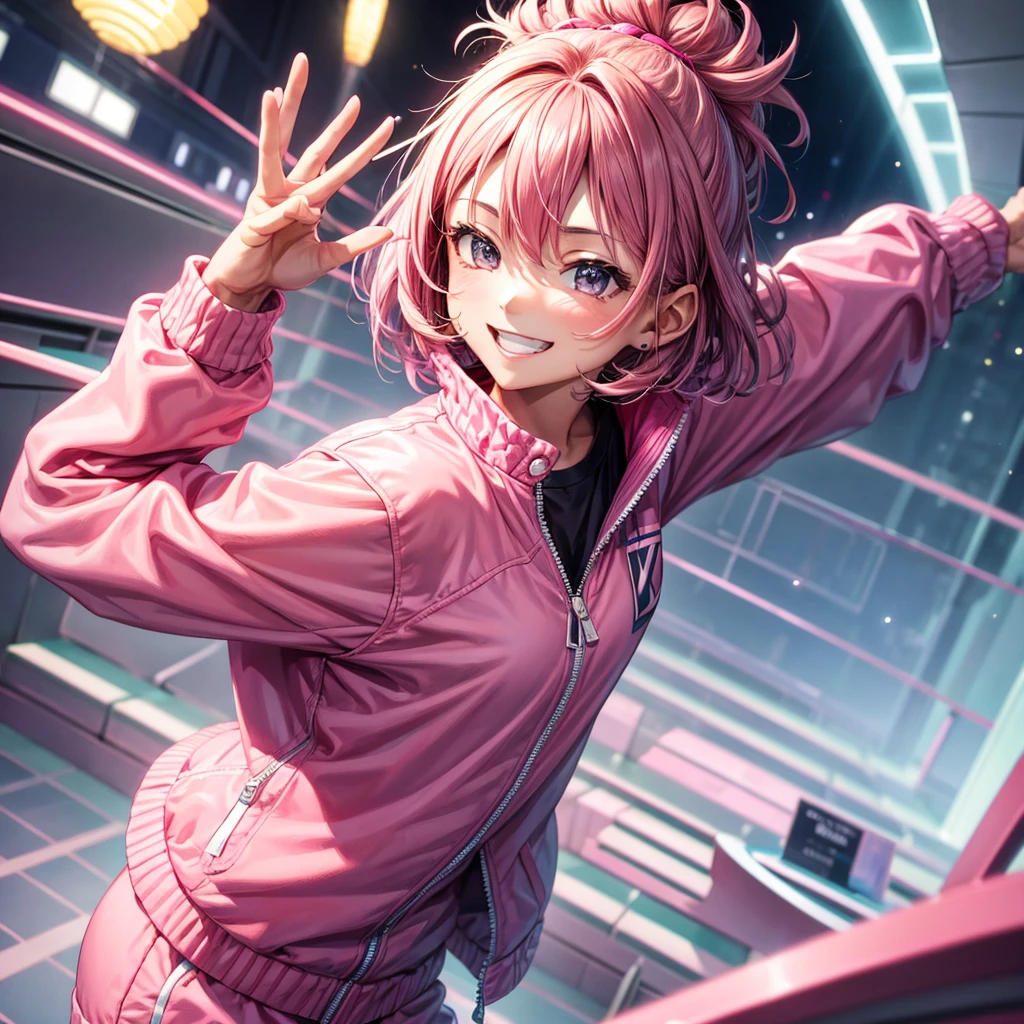 Hitoshi Goto，best quality，8K，pink track jacket，beautiful girl，smile，put one&#39;s hand in one&#39;s pocket，highest quality，masterpiece，hyper real stick，big breasts，