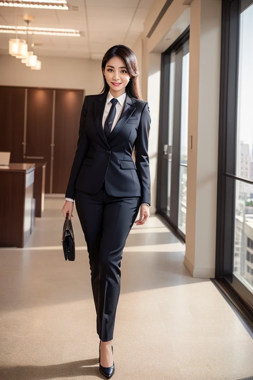 a beautiful 42 year old busty indonesian woman, in hijab, office suit with blazer, beautiful smile showing teeth, i am th boss, full body portrait, (best quality,4k,8k,highres,masterpiece:1.2),ultra-detailed,(realistic,photorealistic,photo-realistic:1.37),hyper detailed face,extremely detailed eyes and face,detailed makeup,long eyelashes,beautiful detailed lips,elegant pose,confident expression,warm lighting,cinematic angle,office interior background,high quality,intricate details