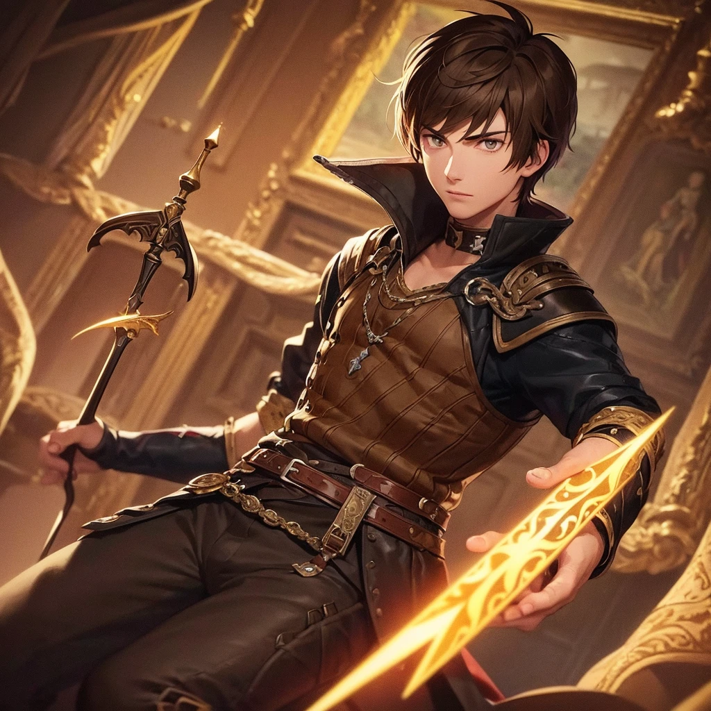 Portrait of a medium-sized young man, brown hair, with a dagger in his hand, illustration, ultra-detailed style, painted, vibrant colors, heroic pose, medieval fantasy, adventure theme, strong and fearless teenager, dramatic lighting.