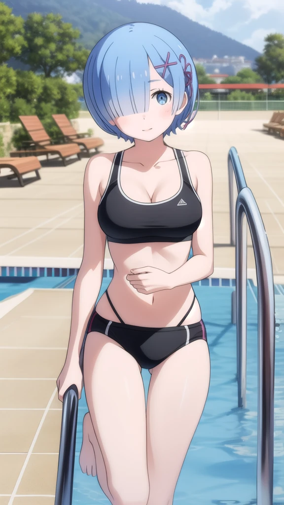 Rem, short hair,green eyes, hairclip, black bikini , sports bra, smile, barefoot, Landscape,pool