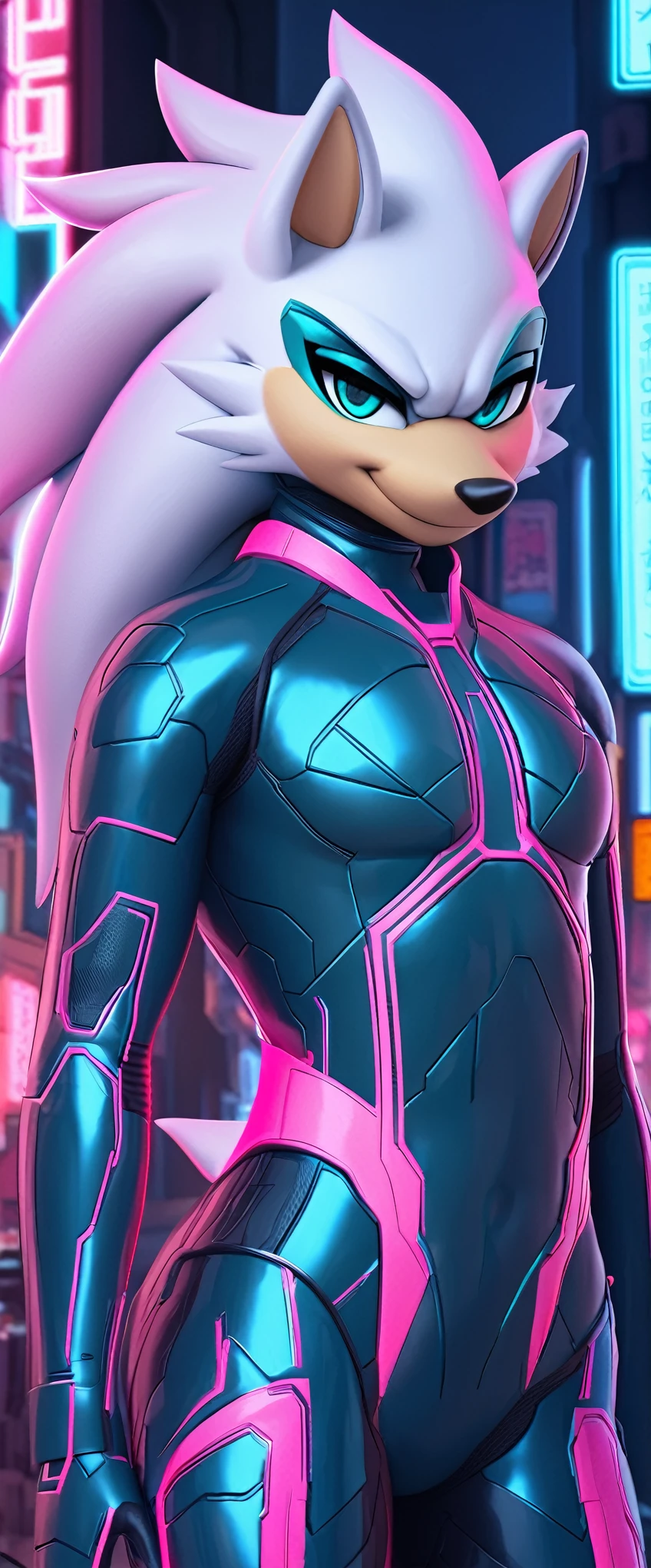 (((masterpiece:1.5, 4K, 8K))), a (((full body))) high quality digitally drawn rendered image ((by SEGA)) of A solo male anthro ((silver—white hedgehog)), with glowing blue eyes, ((metallic blue eyeliner:1.5)), (((tan muzzle))), wearing a (((sci-fi bodysuit))) stands in a neon-lit cyberpunk city The android's bodysuit is adorned with (((bright teal coloring:1.5))) with (((neon pink accents:1.4))), and intricate android seams, creating a futuristic look. the android has a seductive smirk on his face