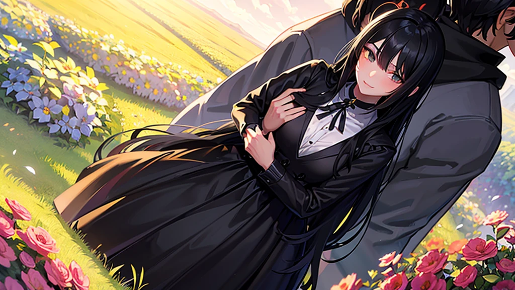 A boy and a girl, 1 woman (She has long black hair), Lovers,Eye contact,1 man (he has short black hair).wearing a formal dress, Anime style,Delicate facial features,Beautiful eyes,Expression smile,Delicate facial features,Pretty Face,daytime, Standing in a field of flowers,Backlight