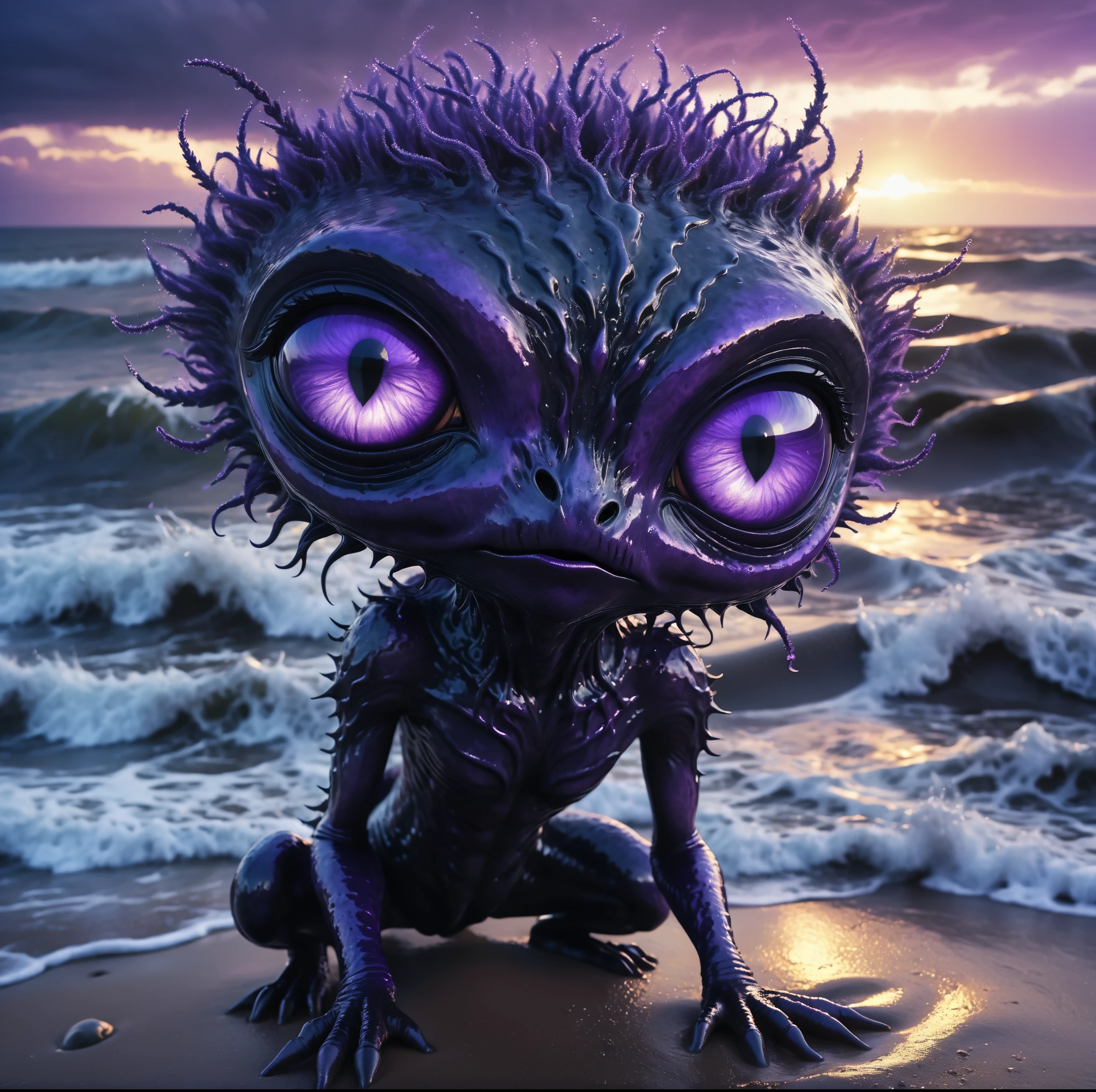 shadowlike aura surrounding an alien creature with big expressive lavender eyes and melancholic expression, beach sunset background, rough waters, nightmarish stormy weatish, highly detailed, gloomy melancholic atmosphere,