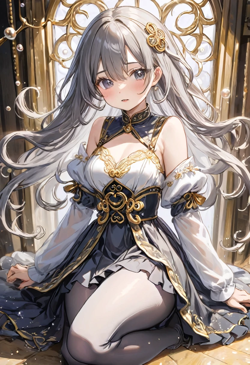 girl, Gold and silver embroidery, Medieval long dress with pearls（With panniers）, Translucent fabric, Pull up the dress by hand, Strong winds, Translucent slip, Grey translucent tights, Peeking from below, Highest quality, Disorder of clothing, sit,Crotch close-up, whole body, Spread your legs,orgasm,blush, Sweat,White panties、Squat、Look at this、skirt、、Attacked by tentacles、Tentacles wrap around my legs、Tentacles in the crotch、Captured by tentacles、cry、shout、Ecstasy face、skirtの中の触手、Do not run away、Lying down、Torn clothes、skirtの下からスパッツが見えます、Spread your legs、Disheveled clothing、skirtをめくった、