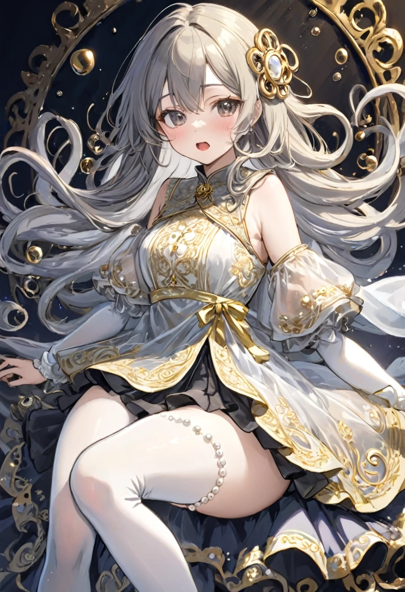 girl, Gold and silver embroidery, Medieval long dress with pearls（With panniers）, Translucent fabric, Pull up the dress by hand, Strong winds, Translucent slip, Grey translucent tights, Peeking from below, Highest quality, Disorder of clothing, sit,Crotch close-up, whole body, Spread your legs,orgasm,blush, Sweat,White panties、Squat、Look at this、skirt、、Attacked by tentacles、Tentacles wrap around my legs、Tentacles in the crotch、Captured by tentacles、cry、shout、Ecstasy face、skirtの中の触手、Do not run away、Lying down、Torn clothes、skirtの下からスパッツが見えます、Spread your legs、Disheveled clothing、skirtをめくった、