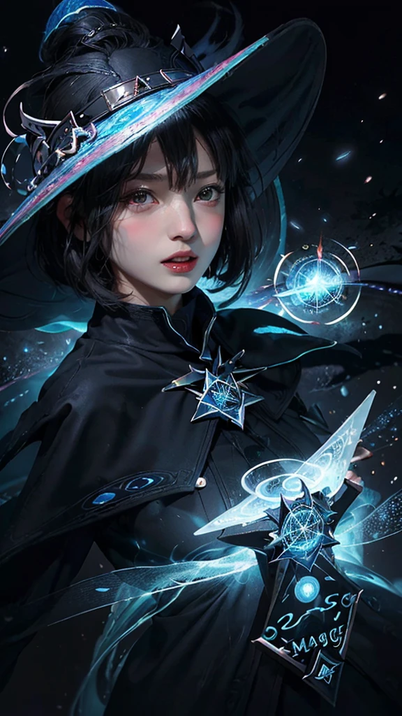 (Highest quality, masterpiece:1.3), shape, ((Beautifully detailed face)), Beautiful and detailed skin, Intricate details, Very detailed, Best image quality in 8K,Fantasy,A world of swords and magic,ファイナルFantasy,(Black Mage:1.6),Mysterious,The Power of Mystique,Magical Power, (18-year-old female:) (Large Breasts),Japanese girl,Baby Face,(Detailed Hair,Bobcut:1.6,Black Hair),Detailed lips,Open your mouth,blush,Embarrassing,(whole body:1.8), (Castle),Realistic Face,Realistic Skin,(Vibrant Skin),Vivid lips,Lip gloss