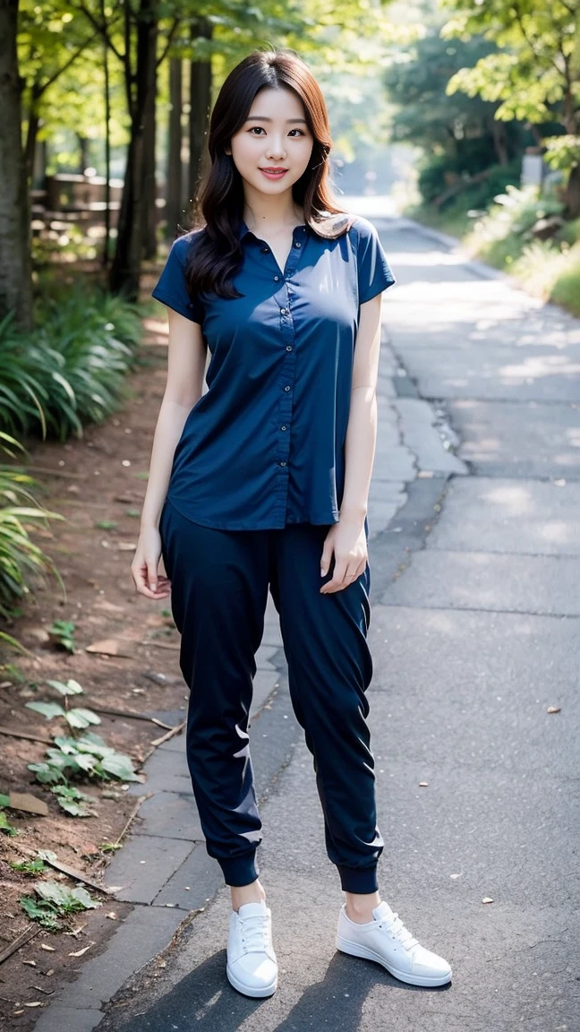 masterpiece, best quality, Surreal, Ultra Detailed, 8k resolution, RAW photos, Clear focus, (A girl in the forest), ((navy blue shirt:1.1)), Short sleeve, Long sweatpants,Breast bump,Full body posture, Solitary, Perfect body, Become a, 32 inches in the chest,(a charming smile:1), (sexy pose),26 years old, light,White shoes