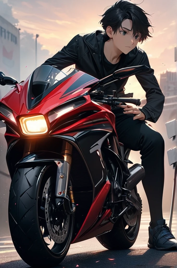 ((Best quality)), ((masterpiece)), (detailed), A of 19 years old on a sports motorcycle