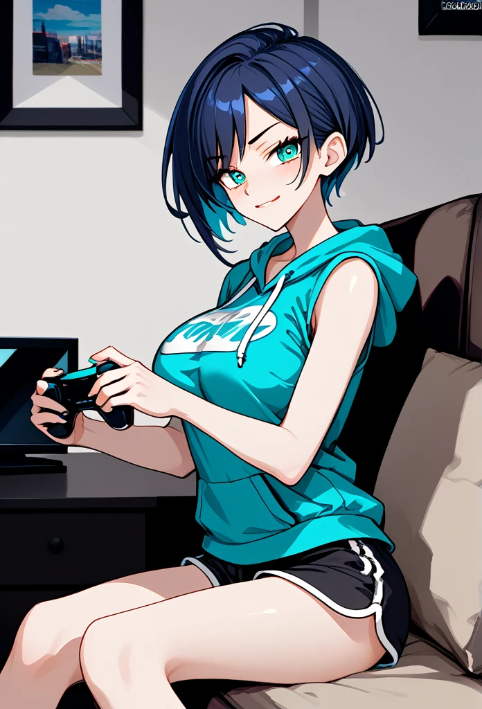 mature woman, tomboy, hot face, excited expression, (sharp eyes), cyan eyes, (short hair, pixie hairstyle, dark blue hair, dark hair), (fit body, mature body), big breast, short pants, hot pants, sweatshirt, (living room, normal living room), sitting on the couch, close up view, holding viewer's hand, playful smirk, playful eyes), (holding game controller), side view