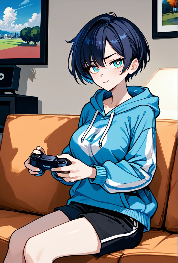 mature woman, tomboy, hot face, excited expression, (sharp eyes), cyan eyes, (short hair, pixie hairstyle, dark blue hair, dark hair), (fit body, mature body), big breast, short pants, hot pants, sweatshirt, (living room, normal living room), sitting on the couch, close up view, holding viewer's hand, playful smirk, playful eyes), (holding game controller), side view