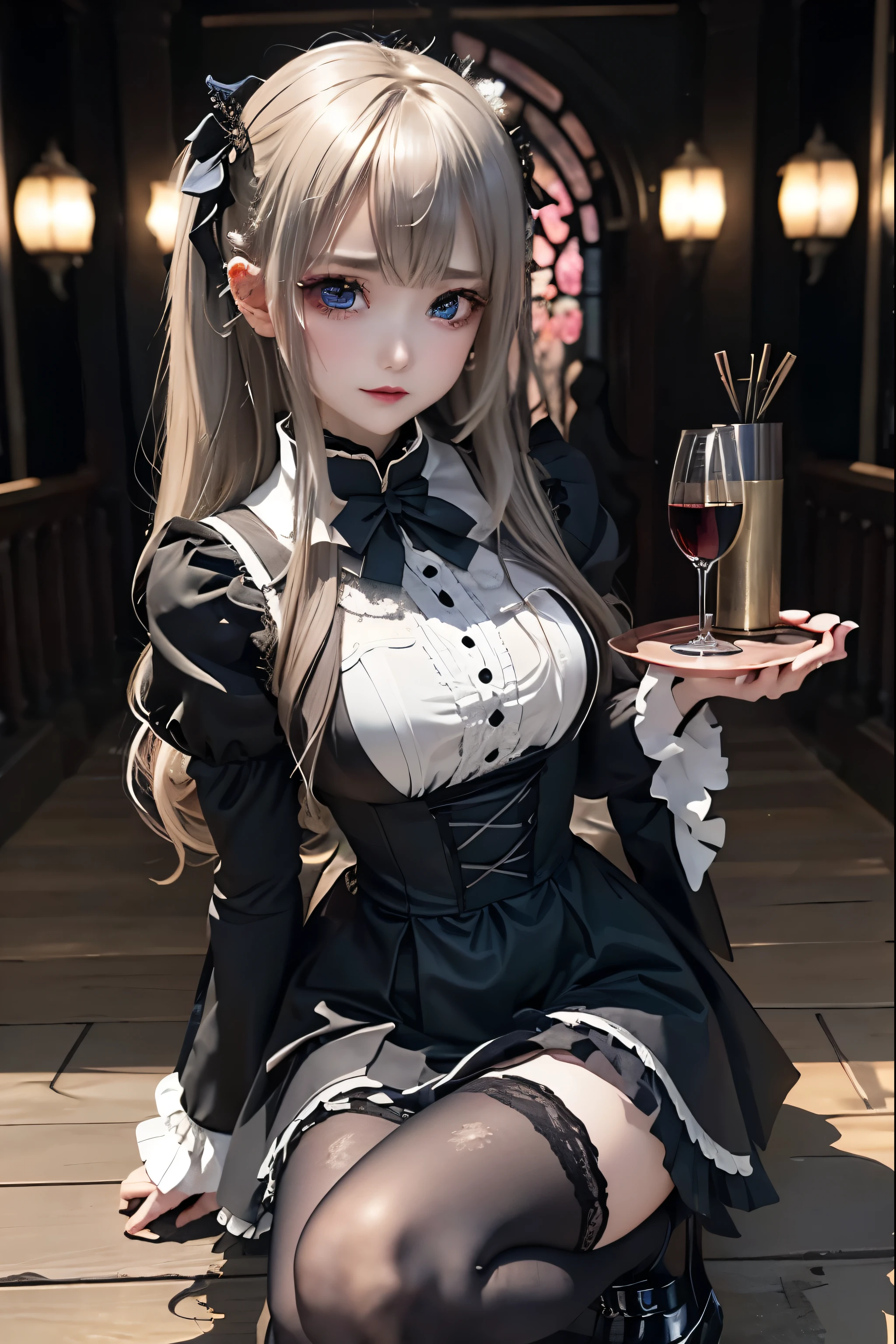 Hard Dark Gothic Makeup、Black dark eyeshadow、sad、Good skin radiance、Dark Gothicメイク、Dark smile、palace、The beauty of fragrance、24-years-old、Expression of intense sexual pleasure、Embarrassed look、Dark Gothic、Highest quality、Expression of sexual pleasure amid suffering、Drunk face、紫のMaid clotheysterious、Noble、The face of someone holding it in the toilet、sexy、Loving smile、Twin tail hair、Right blue eye, Left eye is red、Super tempting pose、Platform Heel Shoes、Heavy makeup、Gothic ta clothes、Silver Hair、Long Hair Straight Hair、Cute Gothic Loliress、Beautiful Face、elegant features、Attractive face、Stained glass is the background、Chest glistening with sweat、The room is dark、goth long dress、Bell Sleeves、Wizard Sleeve、Decadent look、Sexually excited expression、Glossy thighs wet with water、Thighs that are wet and shiny with oil、Background of a room full of roses、sad expression、Rose Maiden、The embroidery is pink、The dress has pink embroidery.、Thigh-high socks、Knee-high socks、Gentle expression、Dark black eyeshadow、Stained glass and rose background、thighs are a little thin、Female Duo、Female couple、dark church background、Stained glass、Black metal world、Dark Castle、Dark Room、Slender body、gothic long dress、Victorian dress、Her thighs are shining with sweat、My body is wet and shiny、Lots of glitter on the thighs、sweating、My thighs are sticky from sweating、Sweat glistening on my thighs, The whole body is sweaty and shiny、I sweated a lot.、My thighs are sweaty、My thighs are wet、My thighs are shining with sweat、A lot of sweat glistening all over the body、Small breasts、upright、Are standing、Hold the wine in your right hand、Hold the lantern in your left hand、pantyhose、Dynamic Angle、Looking down on opponent、