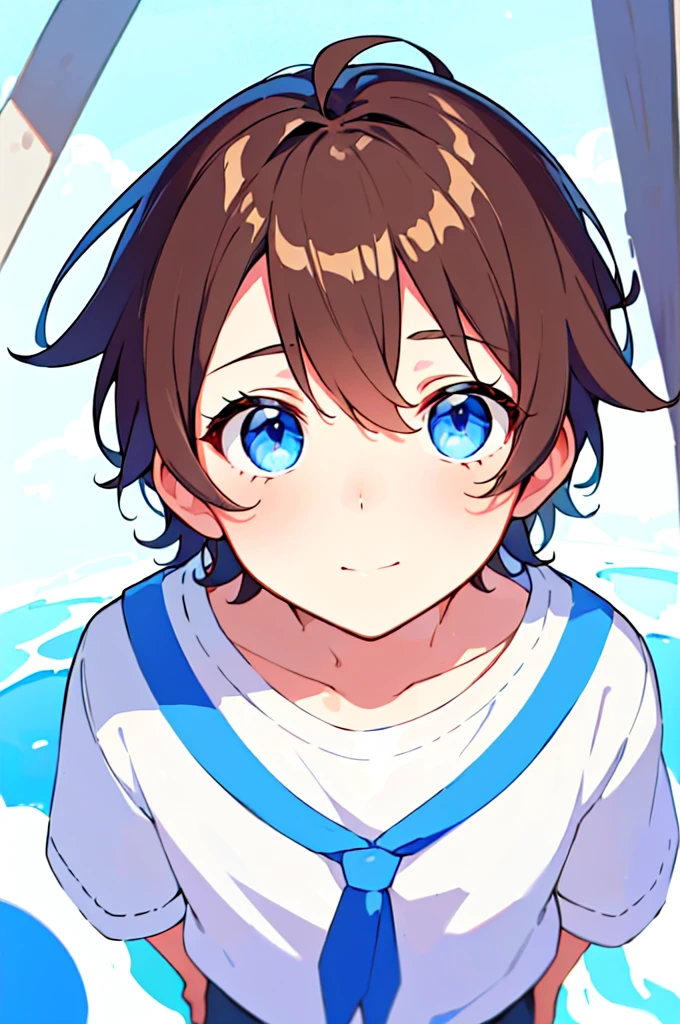 [(WHITE BACKGROUND:1.5),::5], (((masterpiece))), high quality, very_high_resolution, large_filesize, full color, Solo, (1 little boy), 13 old year, (short brown hair), vivid color, Blue eye, summer clothes, anime style