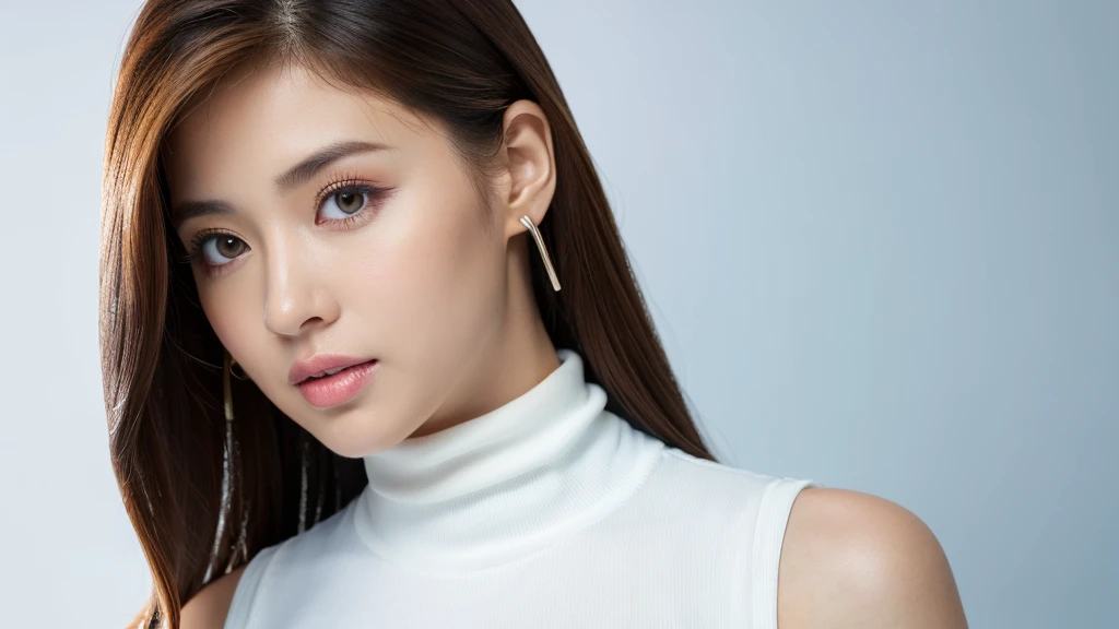 (detailed face),VIVID,breasts,pretty,sleeveless and turtle neck white silky clothes,4k ,super high resolution ,(photo-realistic: 1.7),white background,long hair,