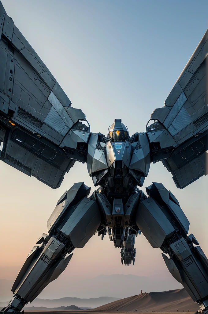 a giant transforming mech, highly detailed mechanical body, transforming into mig-35 aircraft, wings folded on back in human form, fighting with another one cinematic lighting, photorealistic, concept art style, 8k, best quality, masterpiece, ultra-detailed, physically-based rendering, extreme detail description, vivid colors, bokeh(sidelook)