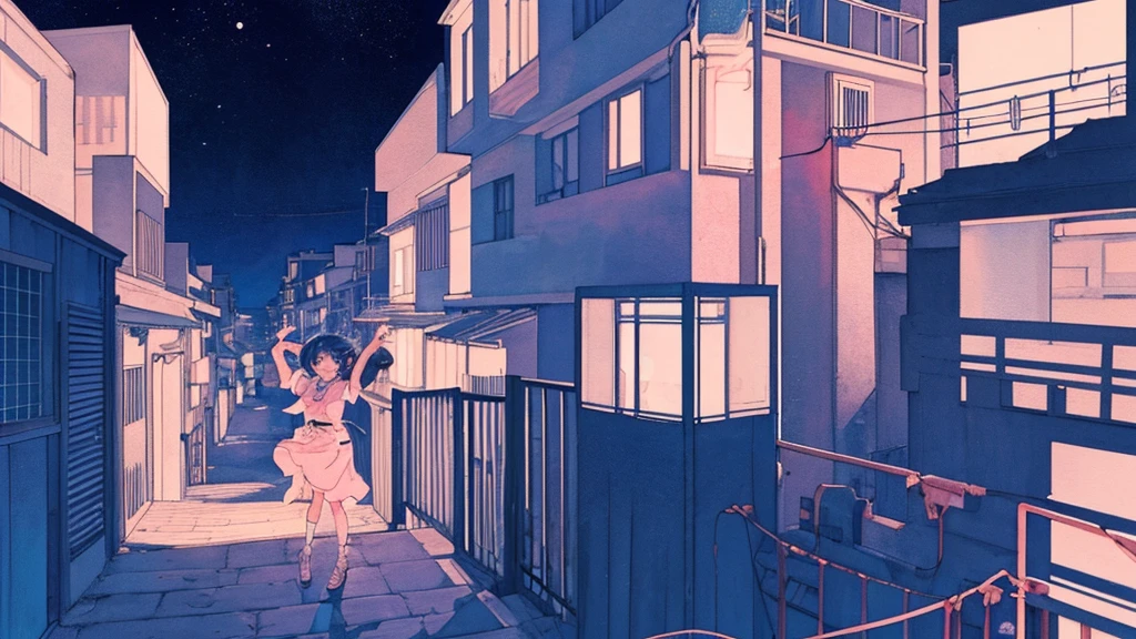 (praise), Anime girl looking at the sky from the balcony of an old house, Lo-fi image,Retro, flat,2.5D, Night Light, Rooftop view, Neonscape, Beautiful colorful night sky,performer ,Analog Color Theme, Fantasy ,Line art, Ink drawing, Big incline, watercolor, Gouache Color, Studio Ghibli style, Great colorful, Out turn, Synthwave, Lofi Art,90s Style,Old Texture, amplitude,90s vibe, masterpiece, A huge amount of skill