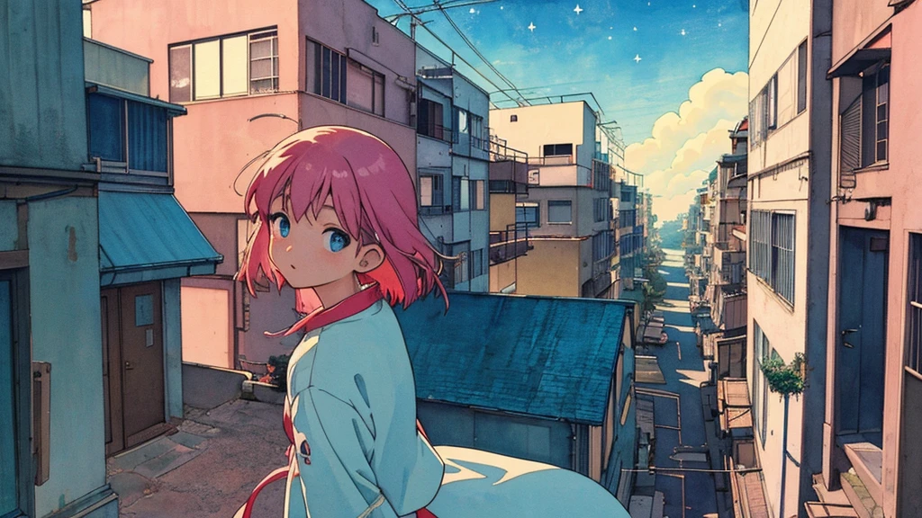 (praise), Anime girl looking at the sky from the balcony of an old house, Lo-fi image,Retro, flat,2.5D, Night Light, Rooftop view, Neonscape, Beautiful colorful night sky,performer ,Analog Color Theme, Fantasy ,Line art, Ink drawing, Big incline, watercolor, Gouache Color, Studio Ghibli style, Great colorful, Out turn, Synthwave, Lofi Art,90s Style,Old Texture, amplitude,90s vibe, masterpiece, A huge amount of skill