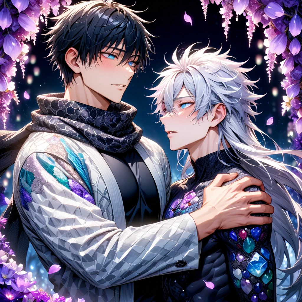 Ultra detailed, highres, absurdres, HDR, master piece, Gojou Satoru, white hair with bangs, long hair, hair between the eyes, blindfolded eyes, Fushiguro Megumi, black hair, expressive blue eyes, long hair, black scarf with patterns, white haori, Jujutsu Kaisen, fantasy, purple and violet petals, violet forest, purple flowers, handsome, two sexy man together, gay couple, yaoi, love, magical, shining fireflies, best quality, extremely detailed face, black tight shirt, toned chest