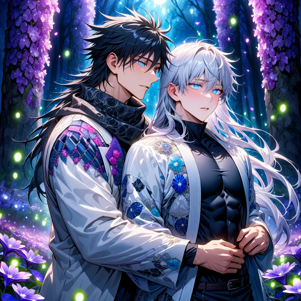 Ultra detailed, highres, absurdres, HDR, master piece, Gojou Satoru, white hair with bangs, long hair, hair between the eyes, blindfolded eyes, Fushiguro Megumi, black hair, expressive blue eyes, long hair, black scarf with patterns, white haori, Jujutsu Kaisen, fantasy, purple and violet petals, violet forest, purple flowers, handsome, two sexy man together, gay couple, yaoi, love, magical, shining fireflies, best quality, extremely detailed face, black tight shirt, toned chest