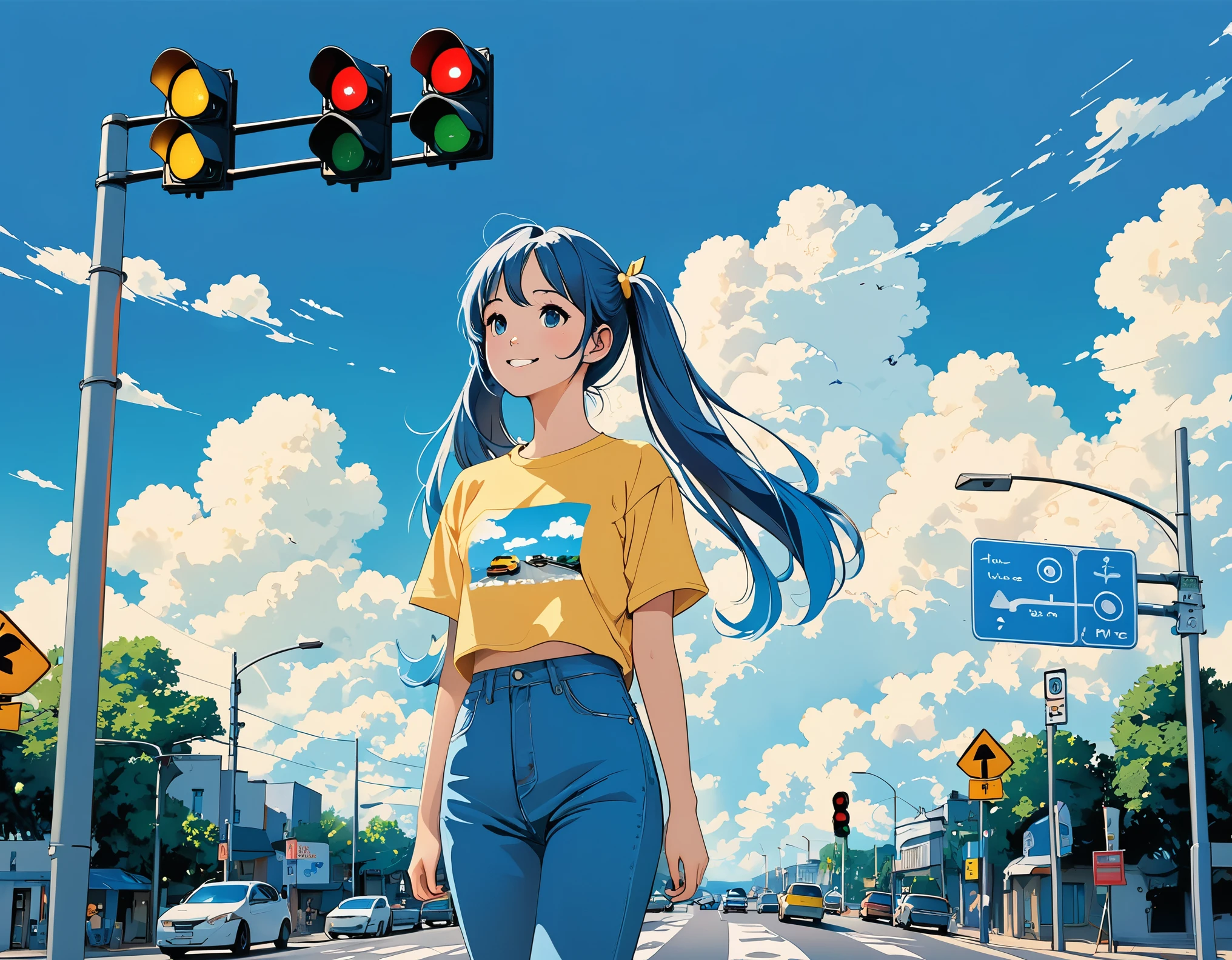 Traffic lights flashing blue against a blue sky、Traffic lights floating in the sky、Light blue long hair、Beautiful girl with twin tails、Bright smile、Yellow T-shirt and jeans、The traffic light is flashing blue、White clouds on a clear sky、Face Highlights、Lo-fi art style, Nostalgic and melancholic artwork,