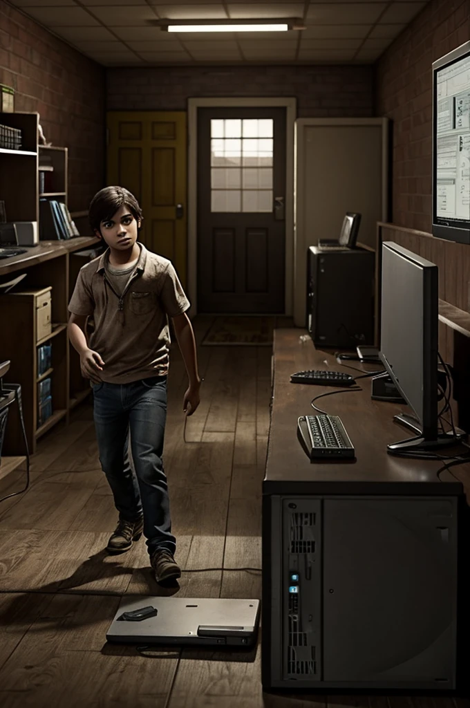 crea una imagen de un chico joven jugando left 4 dead 2 en un lugar lleno de computadoras
