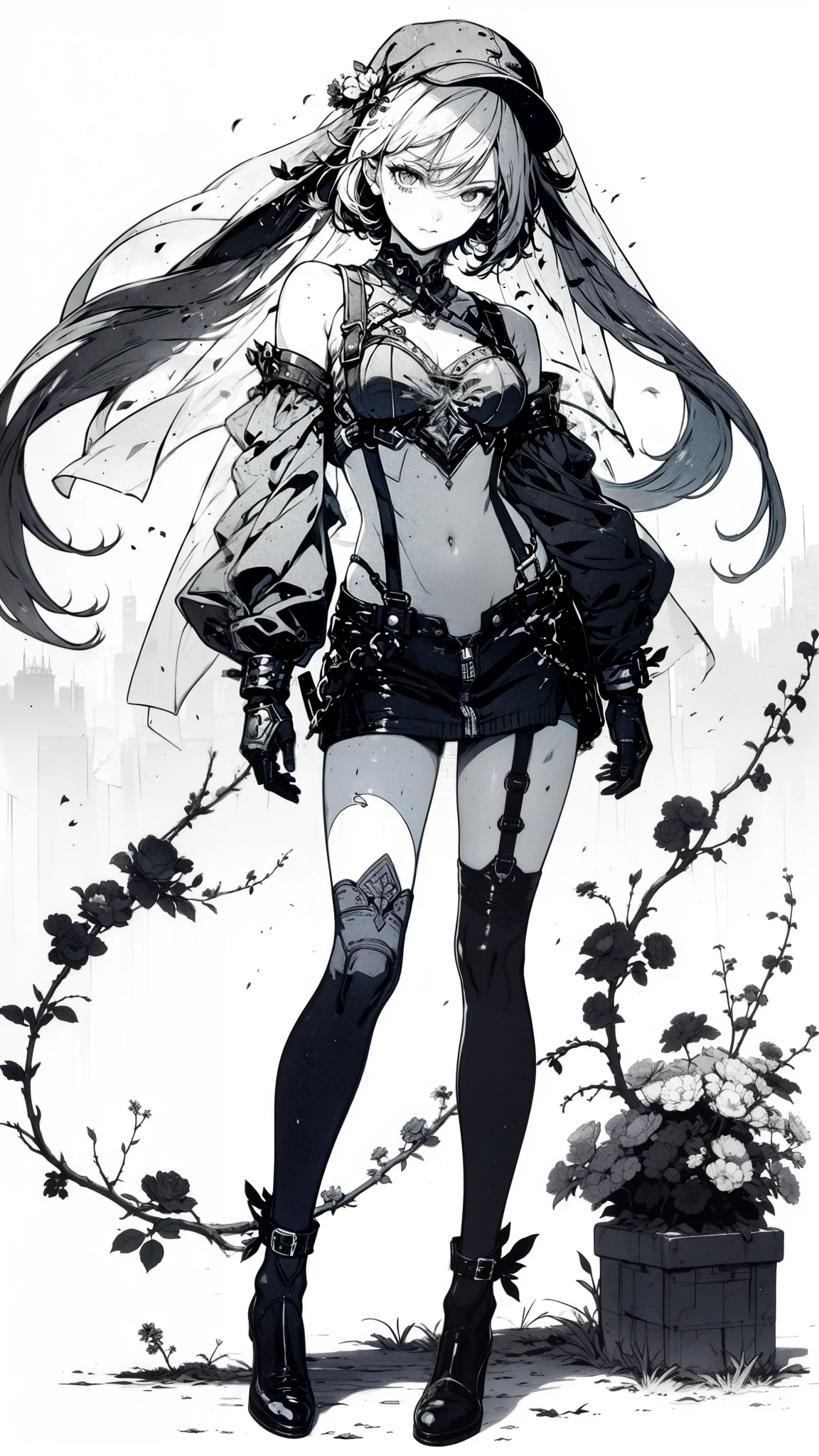 young woman, succubus, stockings with suspenders, playful look, long sleeves, bare shoulders, hat with veil, high heels, vintage, sniffs flower, ray tracing, (best quality, 8k, ultra-detailed, photorealistic, highly detailed, masterpiece:1.2), intricate details, porcelain skin, seductive expression, dramatic lighting, moody color palette, atmospheric environment, cinematic composition