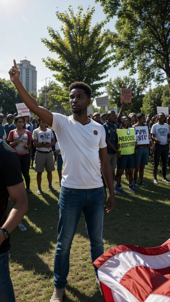 A local leader or community activist stands at attention in front of the crowd gathered in an open field. He was raising his right hand vigorously, showing an expression of determination and courage. Behind him, flags flying high and people holding up posters of protest or justice, reflect the spirit of resistance against tyranny. The warm afternoon sunlight illuminates their faces, adding a nuance of courage and hope to the struggle to free themselves from oppression.
