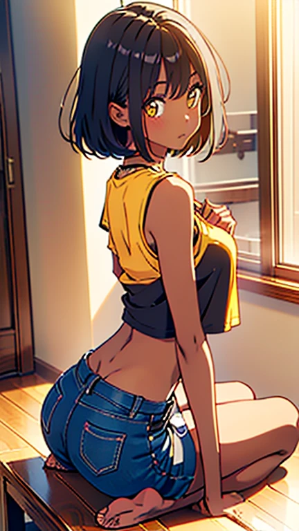 masterpiece, best quality, dark skin, short hair, yellow eyes, black hair, beautiful girl, thin, full body, tall girl, ((casual red male clothes)), ((kawaii)), ((cute)), plan boobs, short boobs, small , ((short chest)), ((big butt)), ((wide thigh)), holding chocolate and snacks, sitting