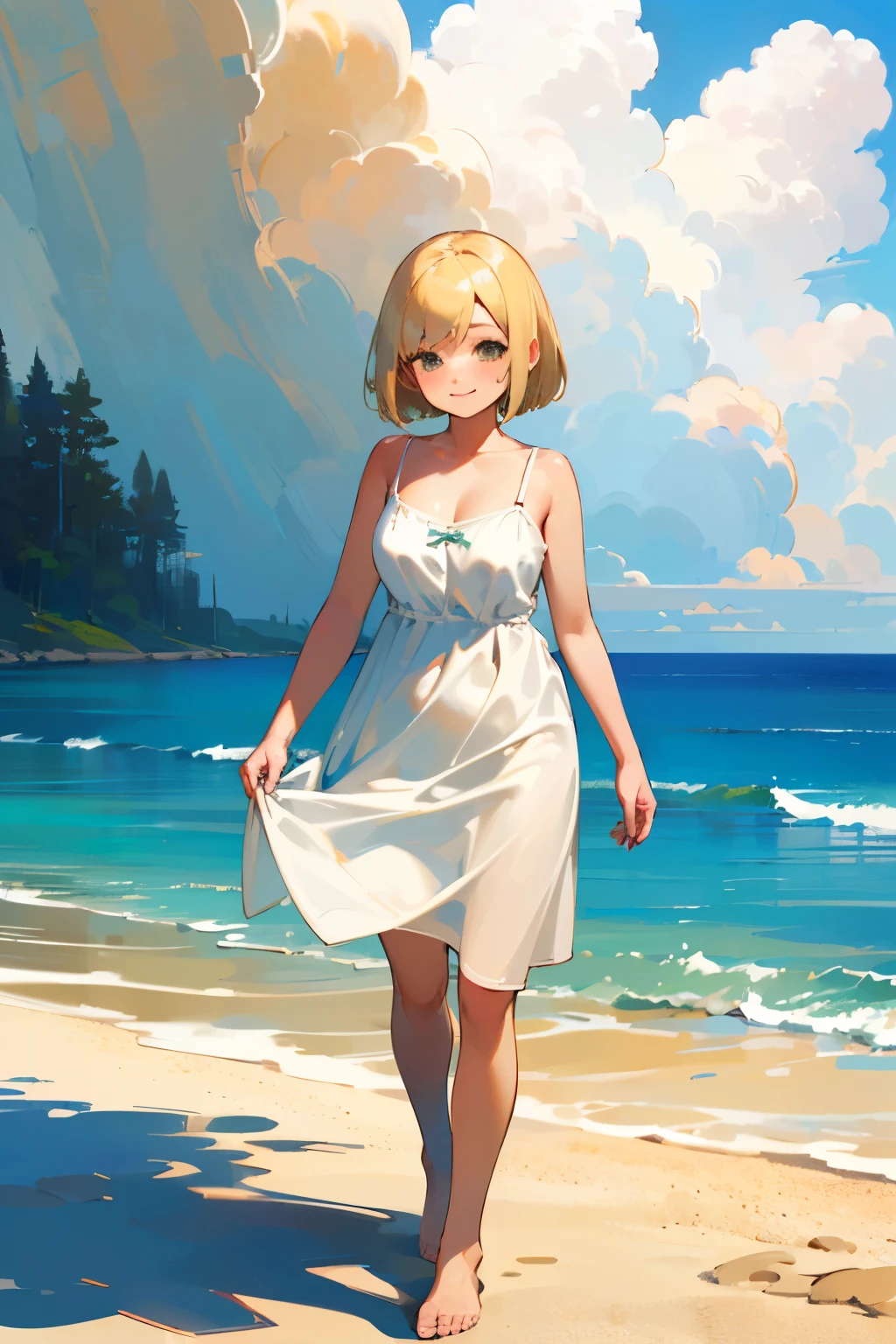 (high quality, High resolution, Very detailed, reality:1.37), Peaceful atmosphere, (Sandy Beach), Teenage girl standing alone, (my breasts are big.), Beautiful details, Cute Smile, (Blonde Bob Hair), White camisole dress, barefoot.