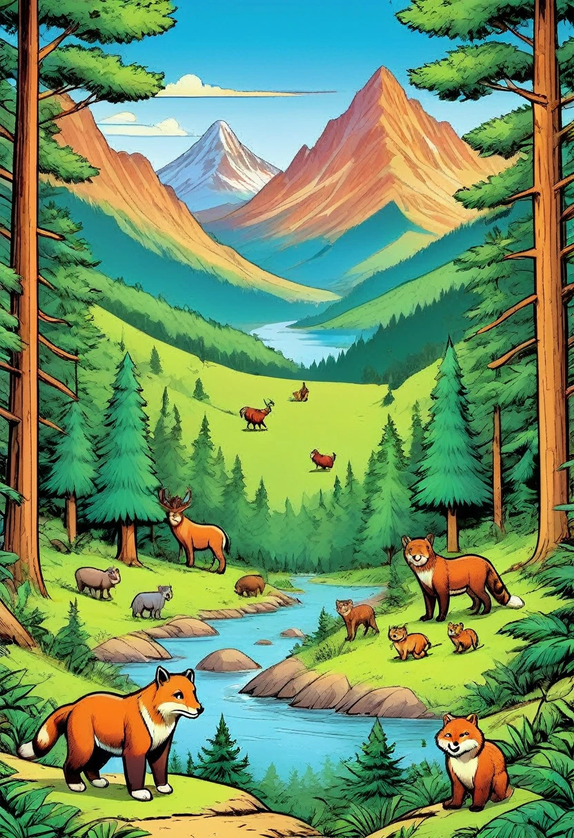 Comic Book, animals, in the forest, trees, mountain,