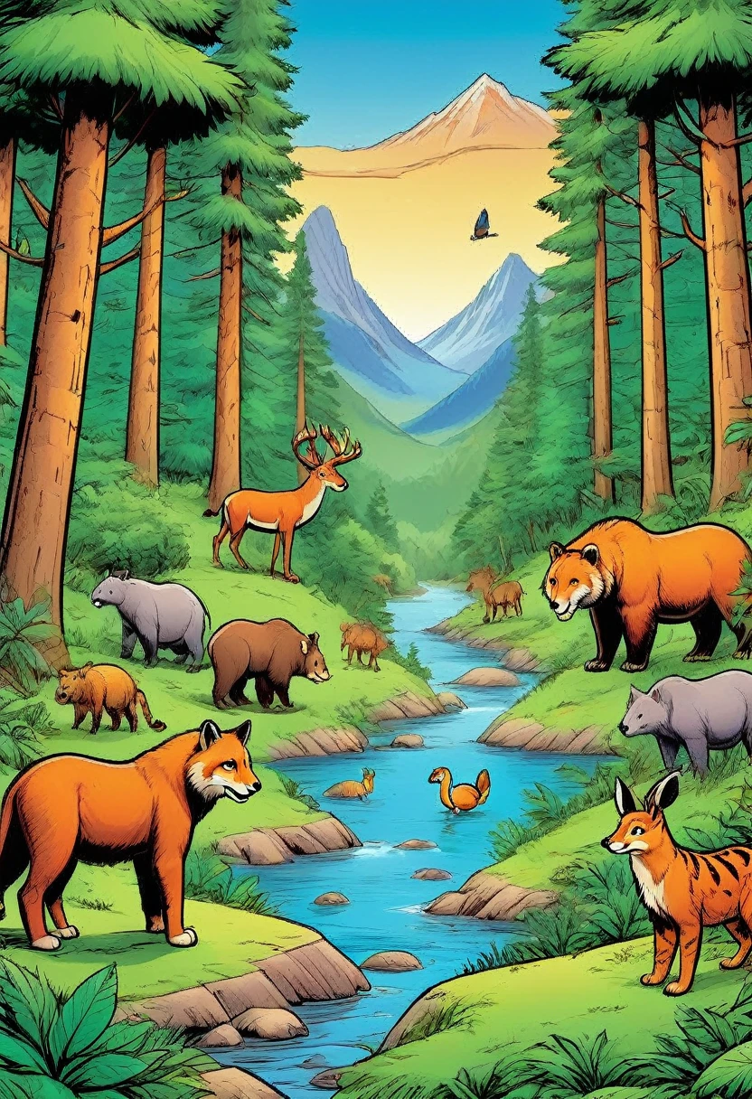 Comic Book, animals, in the forest, trees, mountain,