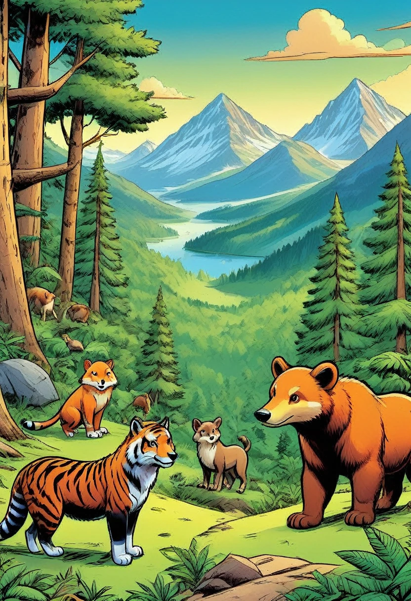 Comic Book, animals, in the forest, trees, mountain,