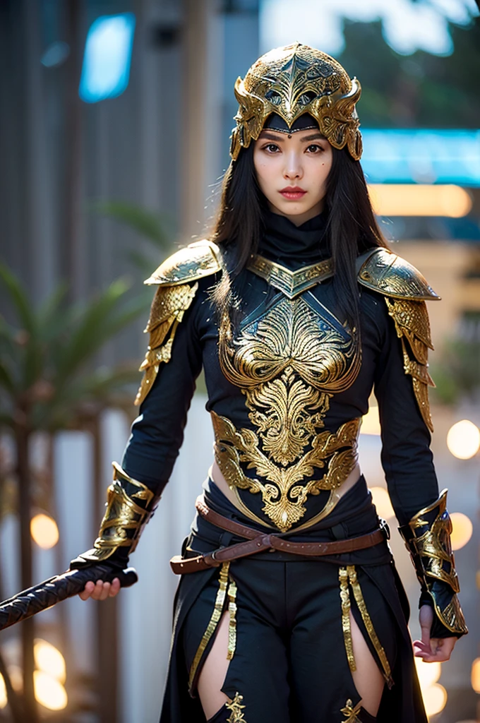 crie uma mulher, 1,78 de altura, medium thighs, medium breasts, pele parda, roupas pretas estilo assasin's creed, , olhos vermelhos, cabelos pretos, golden armlets, some golden lines around the forearms, algumas tatuagens tribais em volta das coxas, holding a glowing battle ax in his hands, olhando para mim com olhar timido, background lua cheia a noite obra prima, qualidade impecavel, HDR, cinematica, Ray Tracing