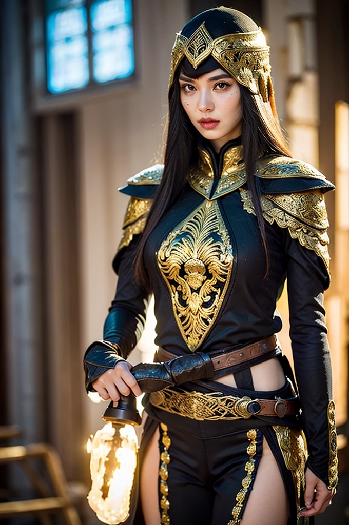crie uma mulher, 1,78 de altura, medium thighs, medium breasts, pele parda, roupas pretas estilo assasin's creed, , olhos vermelhos, cabelos pretos, golden armlets, some golden lines around the forearms, algumas tatuagens tribais em volta das coxas, holding a glowing battle ax in his hands, olhando para mim com olhar timido, background lua cheia a noite obra prima, qualidade impecavel, HDR, cinematica, Ray Tracing