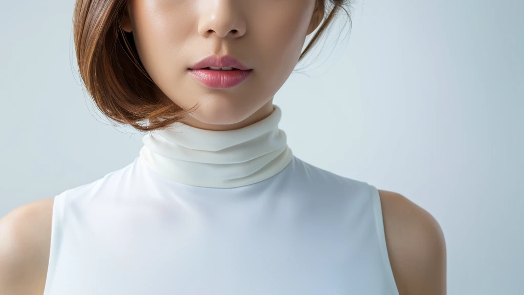 (detailed face),VIVID,breasts,pretty,sleeveless and turtle neck white silky clothes,4k ,super high resolution ,(photo-realistic: 1.7),white background,