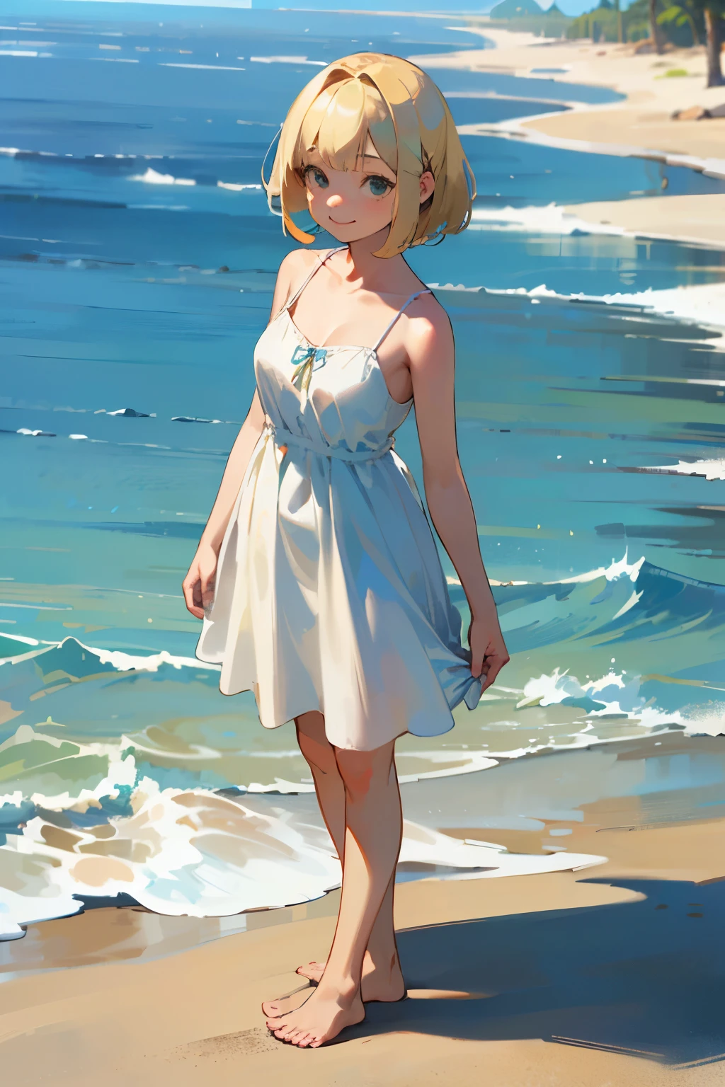 (high quality, High resolution, Very detailed, reality:1.37), Peaceful atmosphere, (Sandy Beach), Teenage girl standing alone, (my breasts are big.), Beautiful details, Cute Smile, (Blonde Bob Hair), White camisole dress, barefoot.