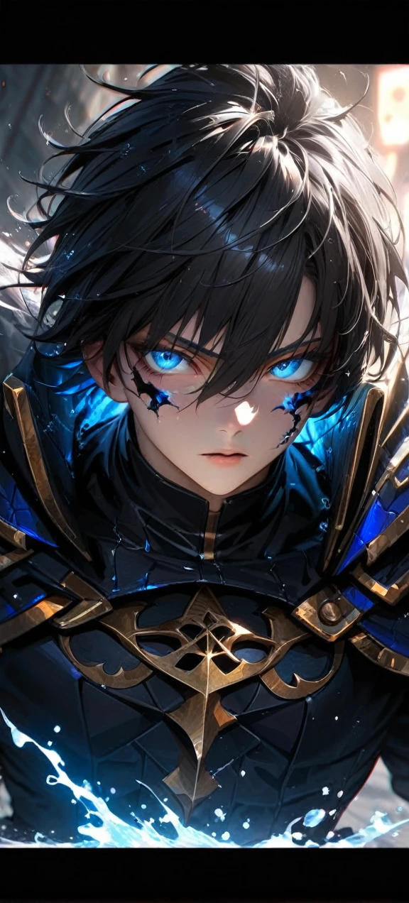  High quality, ultra realistic,absurdres, highres, ultra detailed, HDR, masterpiece, extremely detailed face and eyes,  Sagitarius Seiya, Saint Saiya , Dark Armor, solo, ,man, handsome, ,white eyeleshes, blue eyes , villain expresion, black splashing effect, dark black lightning  effect,glowing glitters , symetrical , black aura