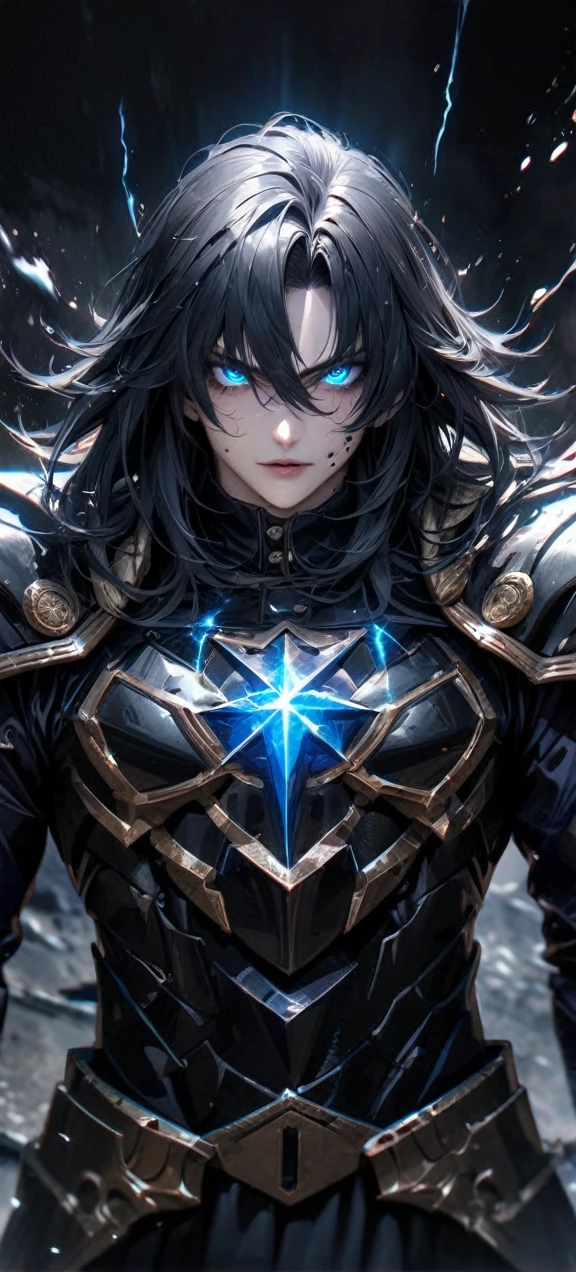  High quality, ultra realistic,absurdres, highres, ultra detailed, HDR, masterpiece, extremely detailed face and eyes,  Sagitarius Seiya, Saint Saiya , Dark Armor, solo, ,man, handsome, ,white eyeleshes, blue eyes , villain expresion, black splashing effect, dark black lightning  effect,glowing glitters , symetrical , black aura