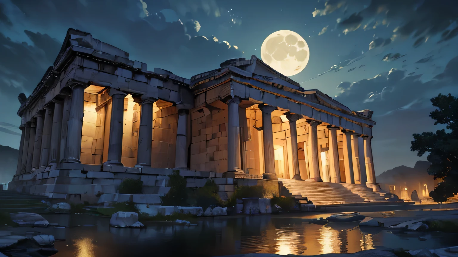 (mejor calidad,4k,8k,high resolution,Obra maestra:1.2),ultra detallado,(realista,photorealista,photo-realista:1.37),cielo nocturno,Luna llena,arquitectura griega antigua,luz de la luna,dramatic lighting,chiaroscuro effect,cinematographic composition,moody atmosphere,Siglo I d.C.