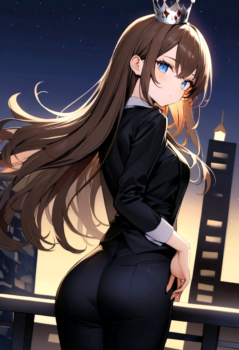 (Highest quality)(1 woman,single,long hair,brown hair,blue eyes,sexy figure ,Black suit shirt,There is a small silver crown on the head.,Turn to look at the viewer,Night sky background standing on a tall building) look back