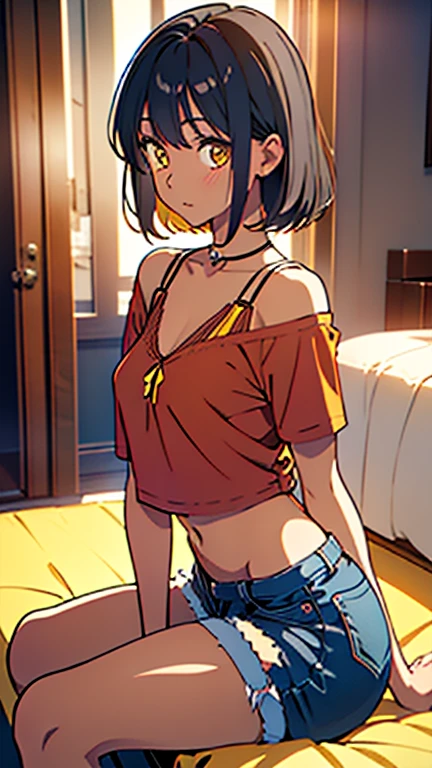 masterpiece, best quality, dark skin, short hair, yellow eyes, black hair, beautiful girl, thin, full body, tall girl, ((casual red male clothes)), ((kawaii)), ((cute)), plan boobs, short boobs, small , ((short chest)), ((big butt)), ((wide thigh)), holdingsnacks, sitting in home